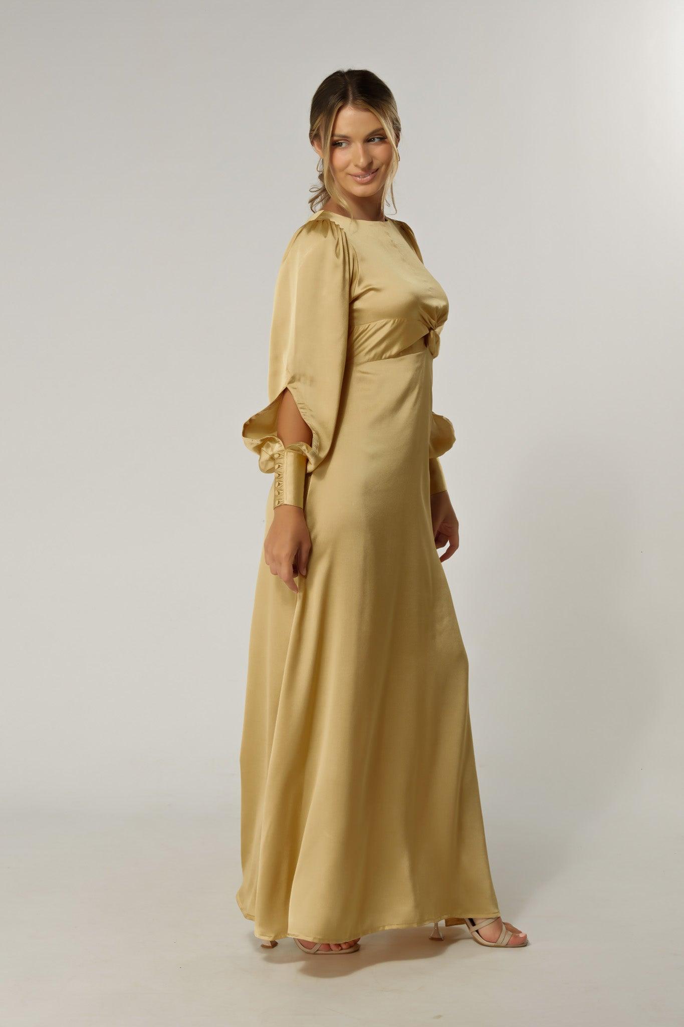 Lila Light Gold Knotted Front Soft Crepe Maxi Dress - TAHLIRA