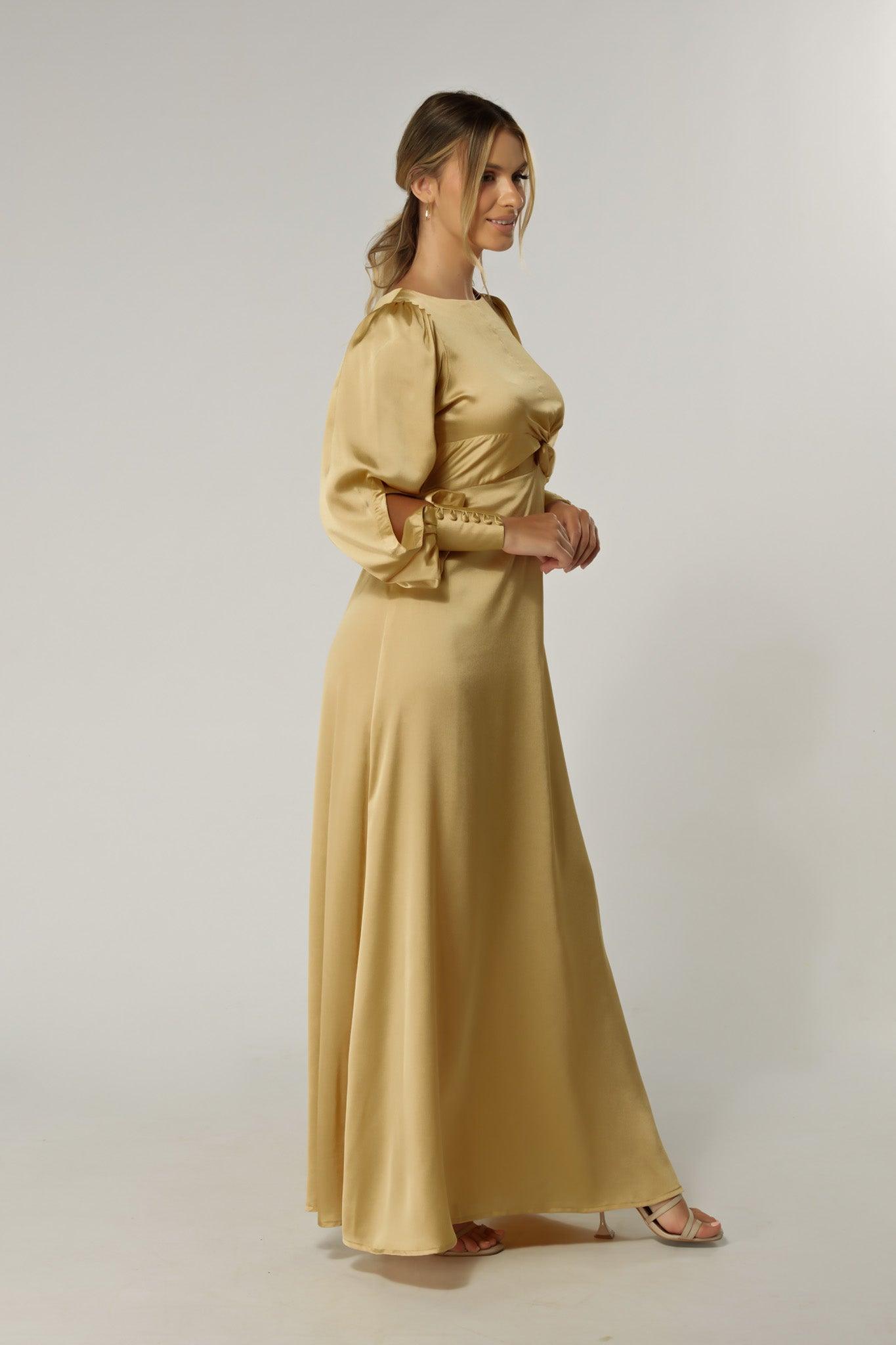 Lila Light Gold Knotted Front Soft Crepe Maxi Dress - TAHLIRA