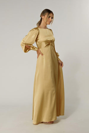 Lila Light Gold Knotted Front Soft Crepe Maxi Dress - TAHLIRA