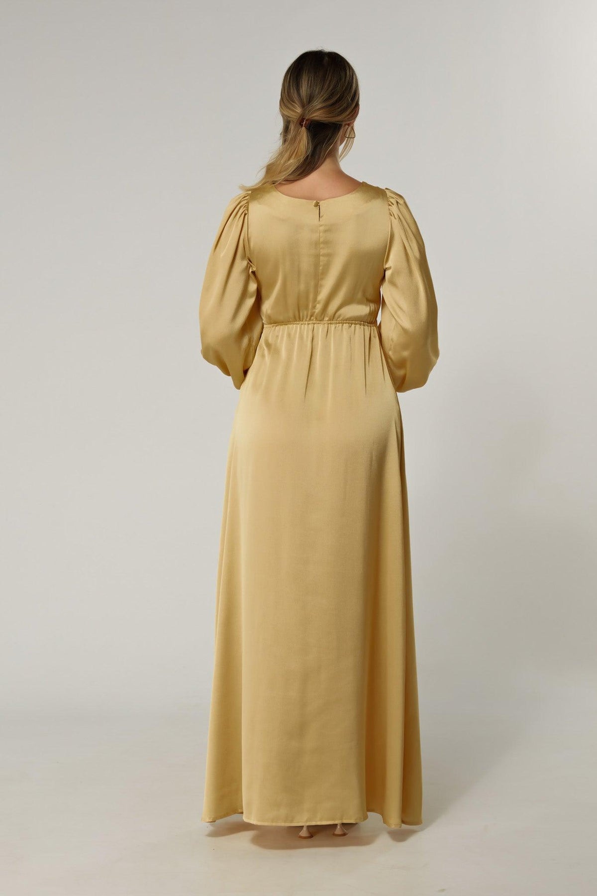 Lila Light Gold Knotted Front Soft Crepe Maxi Dress - TAHLIRA
