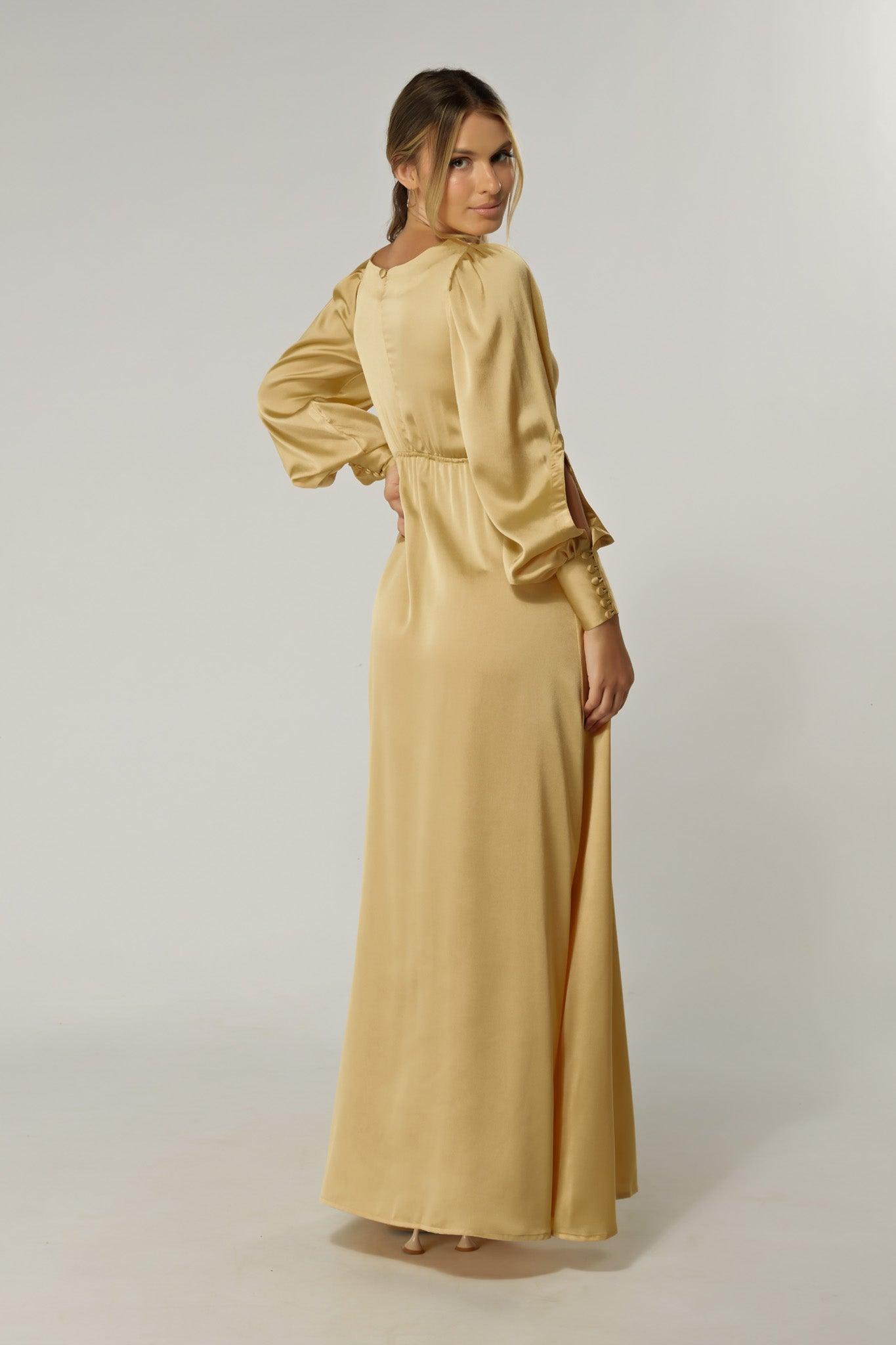 Lila Light Gold Knotted Front Soft Crepe Maxi Dress - TAHLIRA