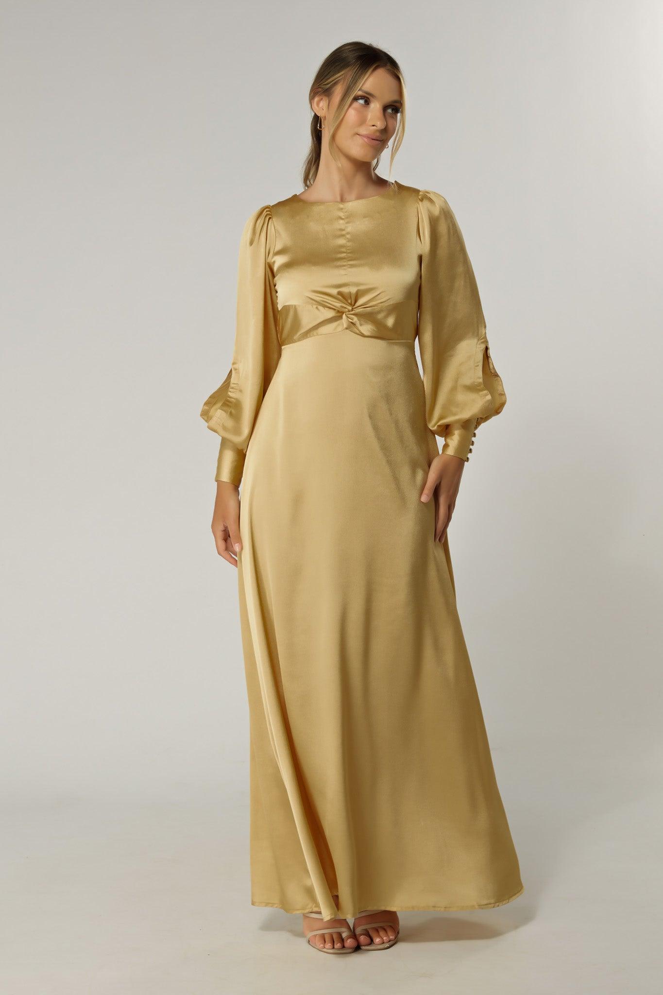 Lila Light Gold Knotted Front Soft Crepe Maxi Dress - TAHLIRA