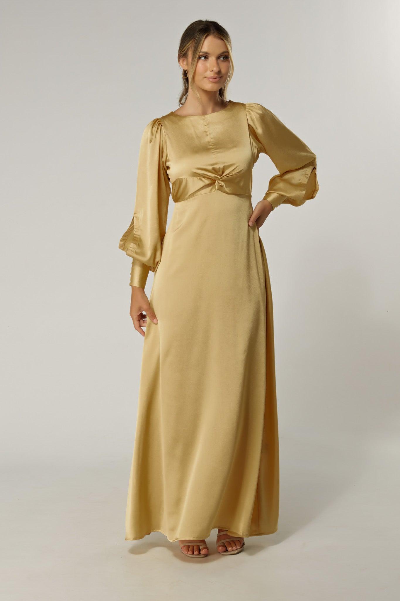 Lila Light Gold Knotted Front Soft Crepe Maxi Dress - TAHLIRA