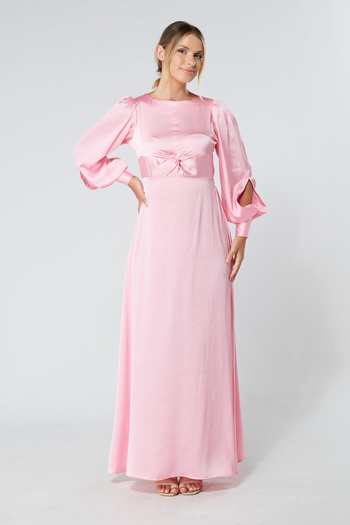 Lila Light Pink Knotted Front Soft Crepe Maxi Dress - TAHLIRA