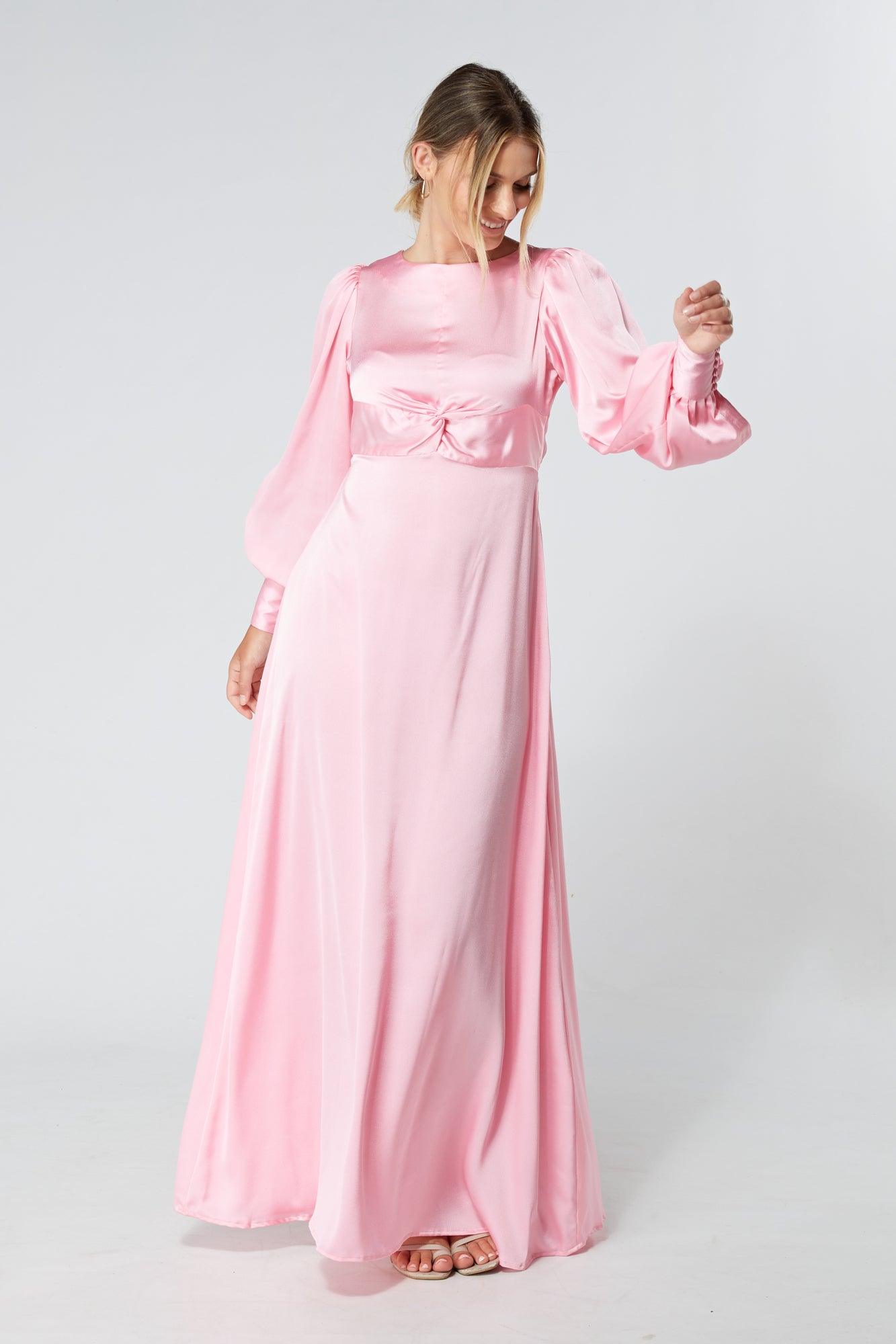 Lila Light Pink Knotted Front Soft Crepe Maxi Dress - TAHLIRA