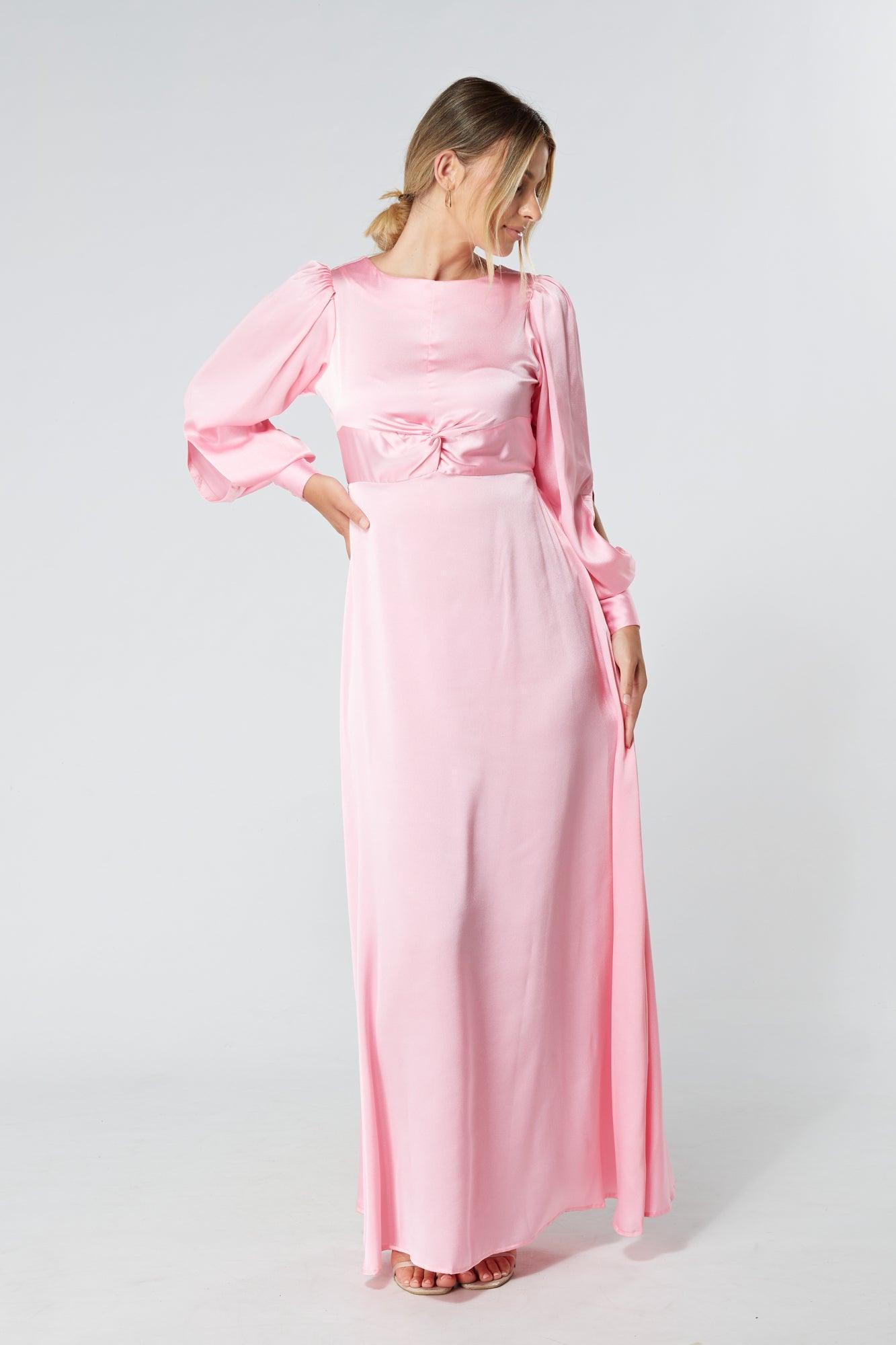 Lila Light Pink Knotted Front Soft Crepe Maxi Dress - TAHLIRA