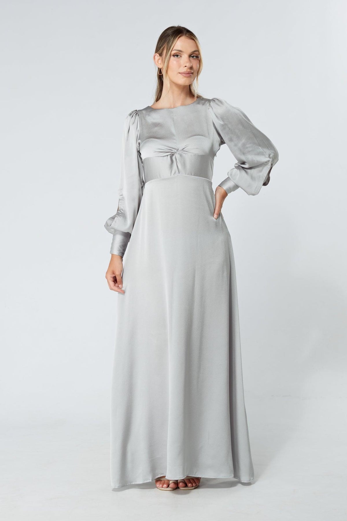 Lila Silver Knotted Front Soft Crepe Maxi Dress - TAHLIRA