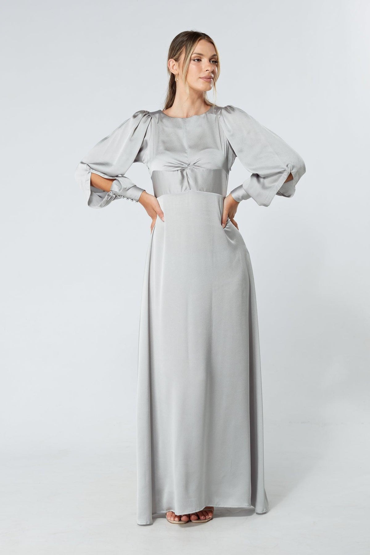 Lila Silver Knotted Front Soft Crepe Maxi Dress - TAHLIRA