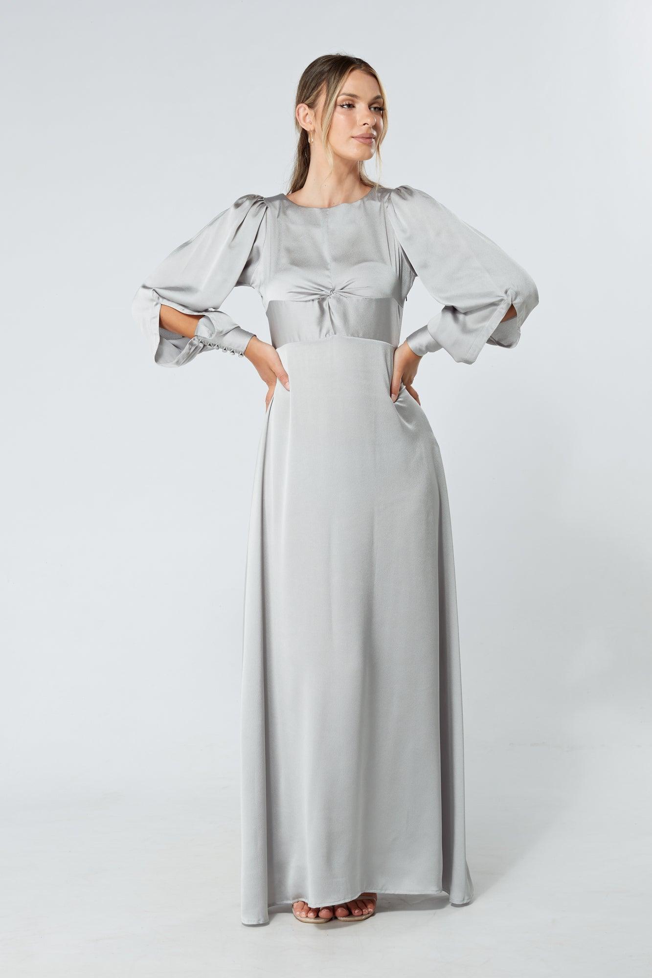 Lila Silver Knotted Front Soft Crepe Maxi Dress - TAHLIRA