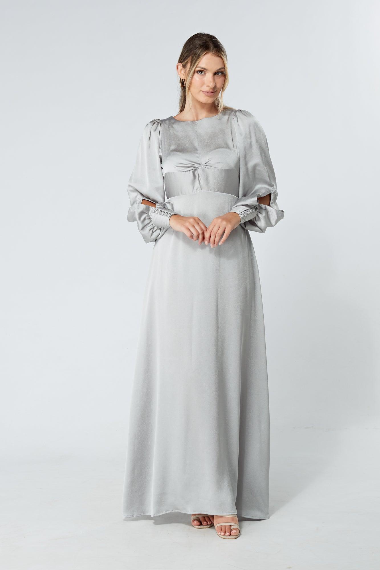 Lila Silver Knotted Front Soft Crepe Maxi Dress - TAHLIRA