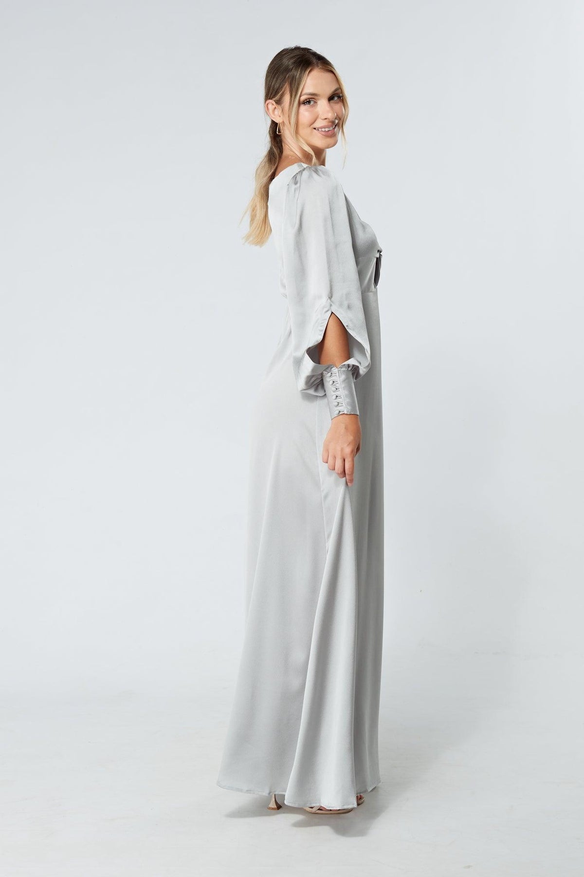 Lila Silver Knotted Front Soft Crepe Maxi Dress - TAHLIRA