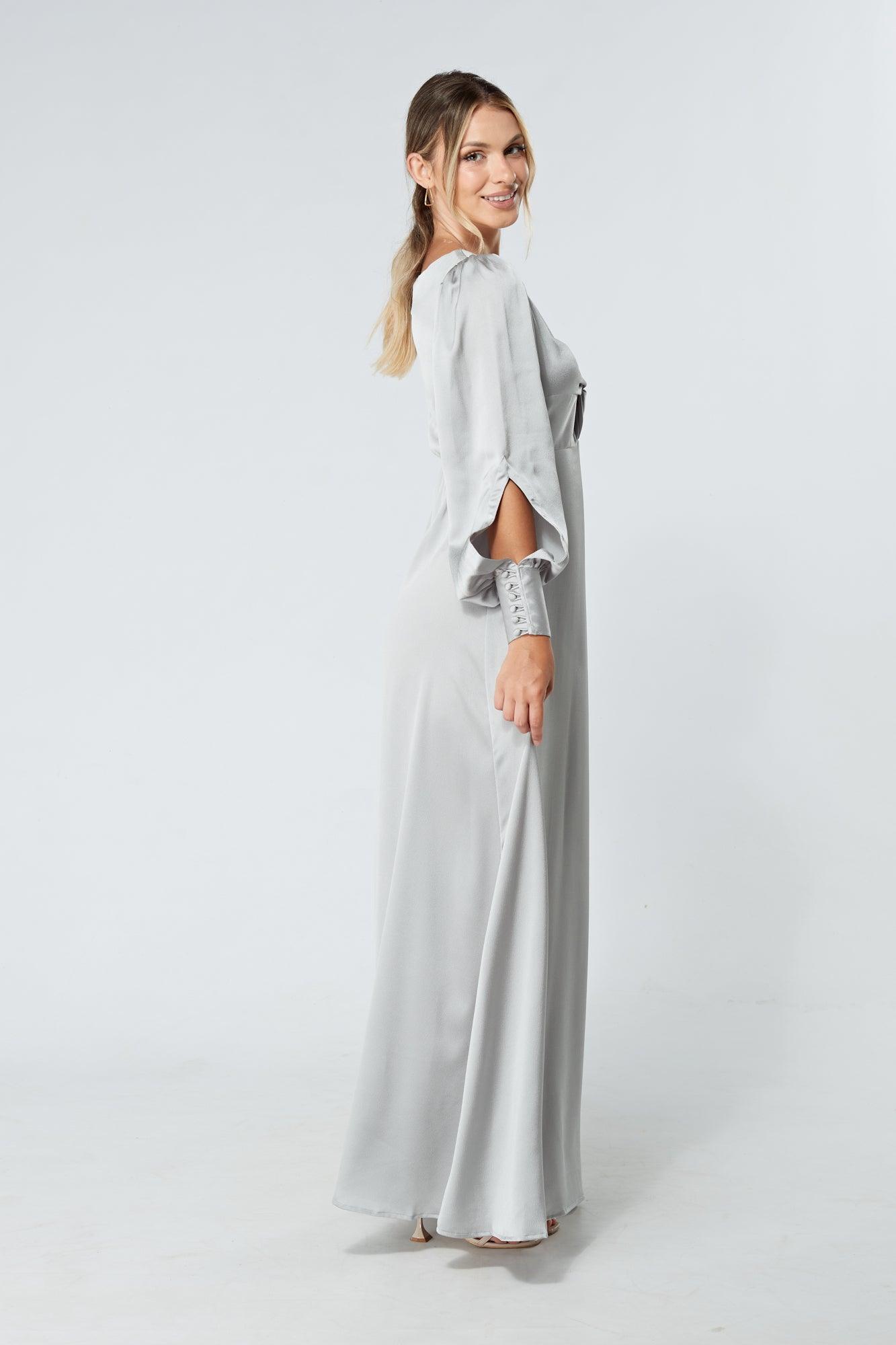 Lila Silver Knotted Front Soft Crepe Maxi Dress - TAHLIRA
