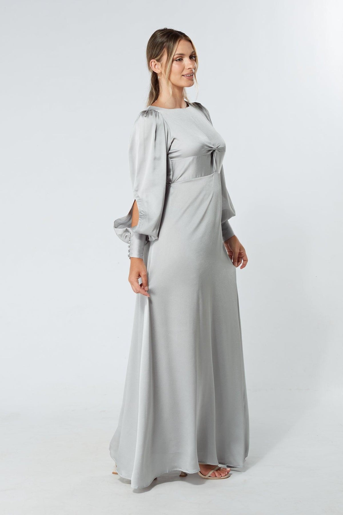 Lila Silver Knotted Front Soft Crepe Maxi Dress - TAHLIRA
