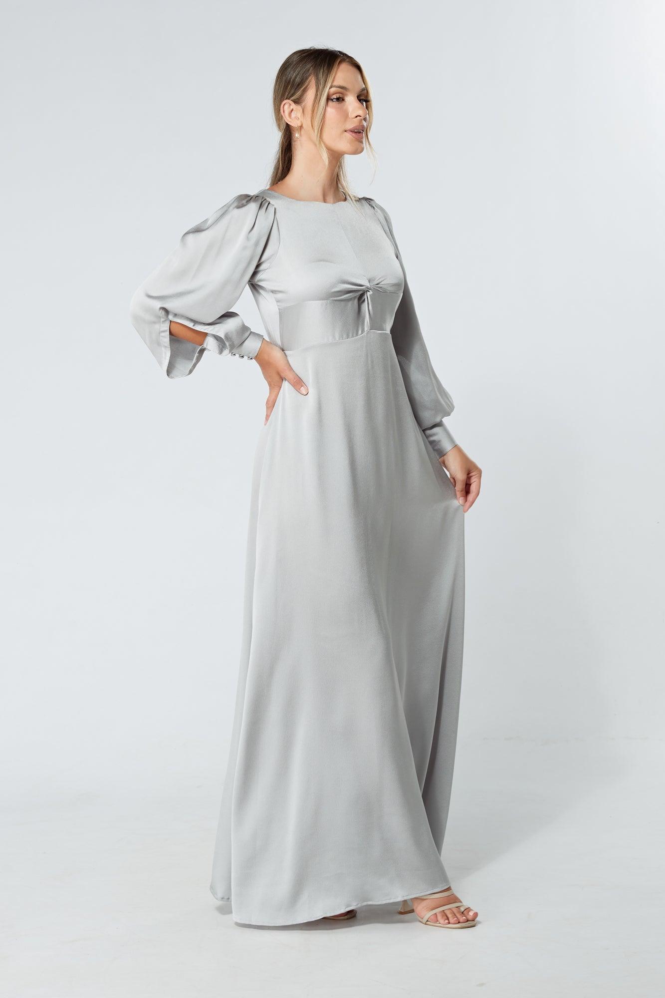 Lila Silver Knotted Front Soft Crepe Maxi Dress - TAHLIRA