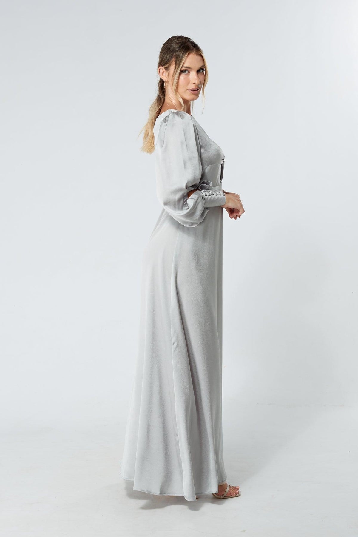 Lila Silver Knotted Front Soft Crepe Maxi Dress - TAHLIRA