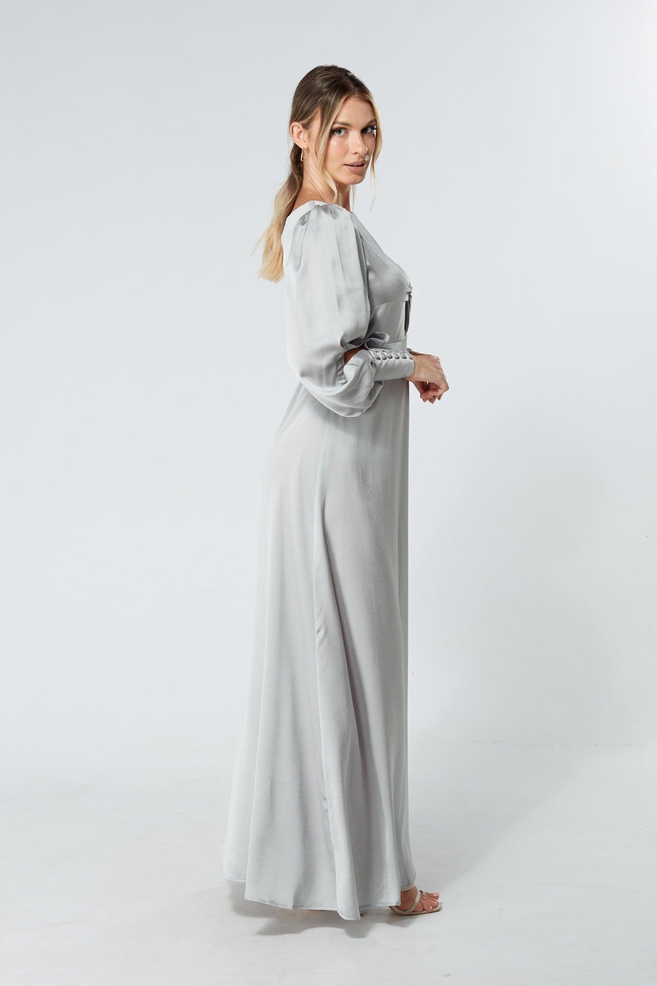 Lila Silver Knotted Front Soft Crepe Maxi Dress - TAHLIRA