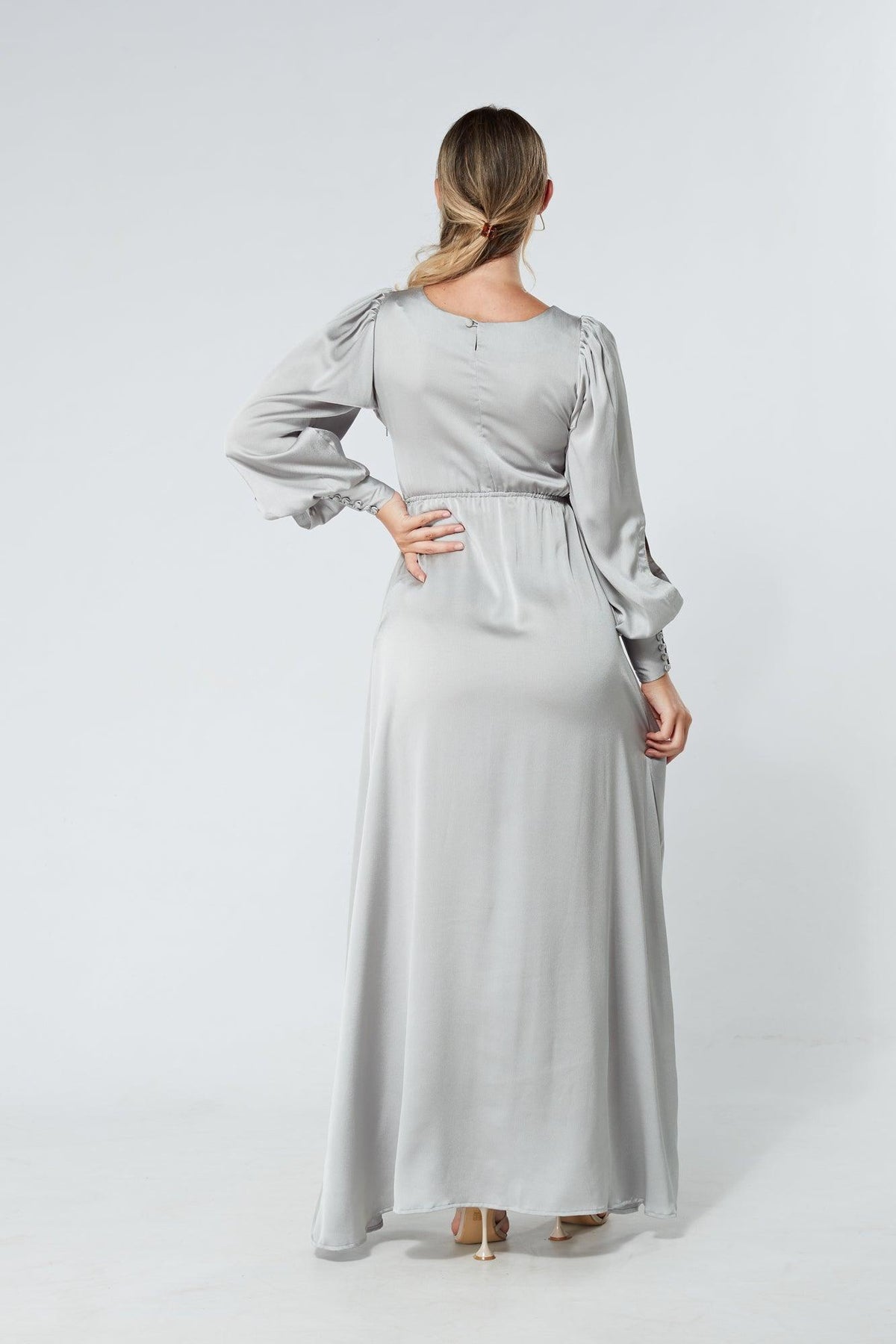 Lila Silver Knotted Front Soft Crepe Maxi Dress - TAHLIRA