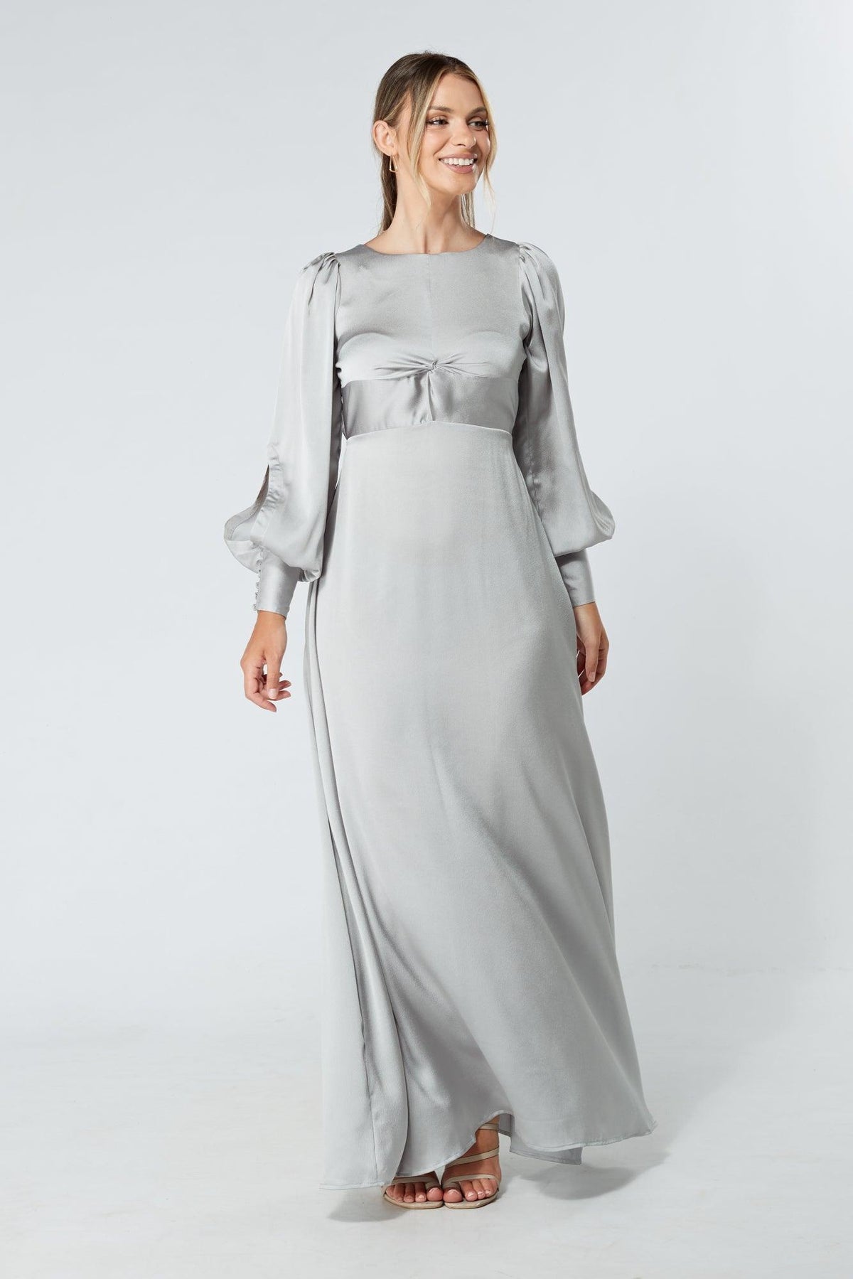 Lila Silver Knotted Front Soft Crepe Maxi Dress - TAHLIRA
