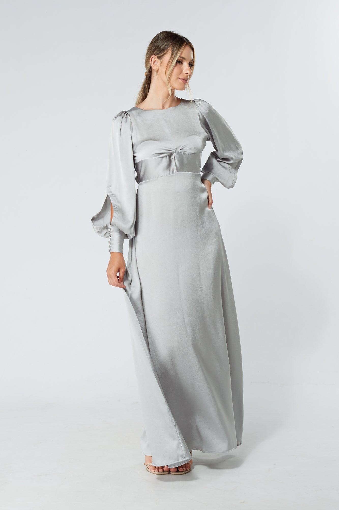 Lila Silver Knotted Front Soft Crepe Maxi Dress - TAHLIRA
