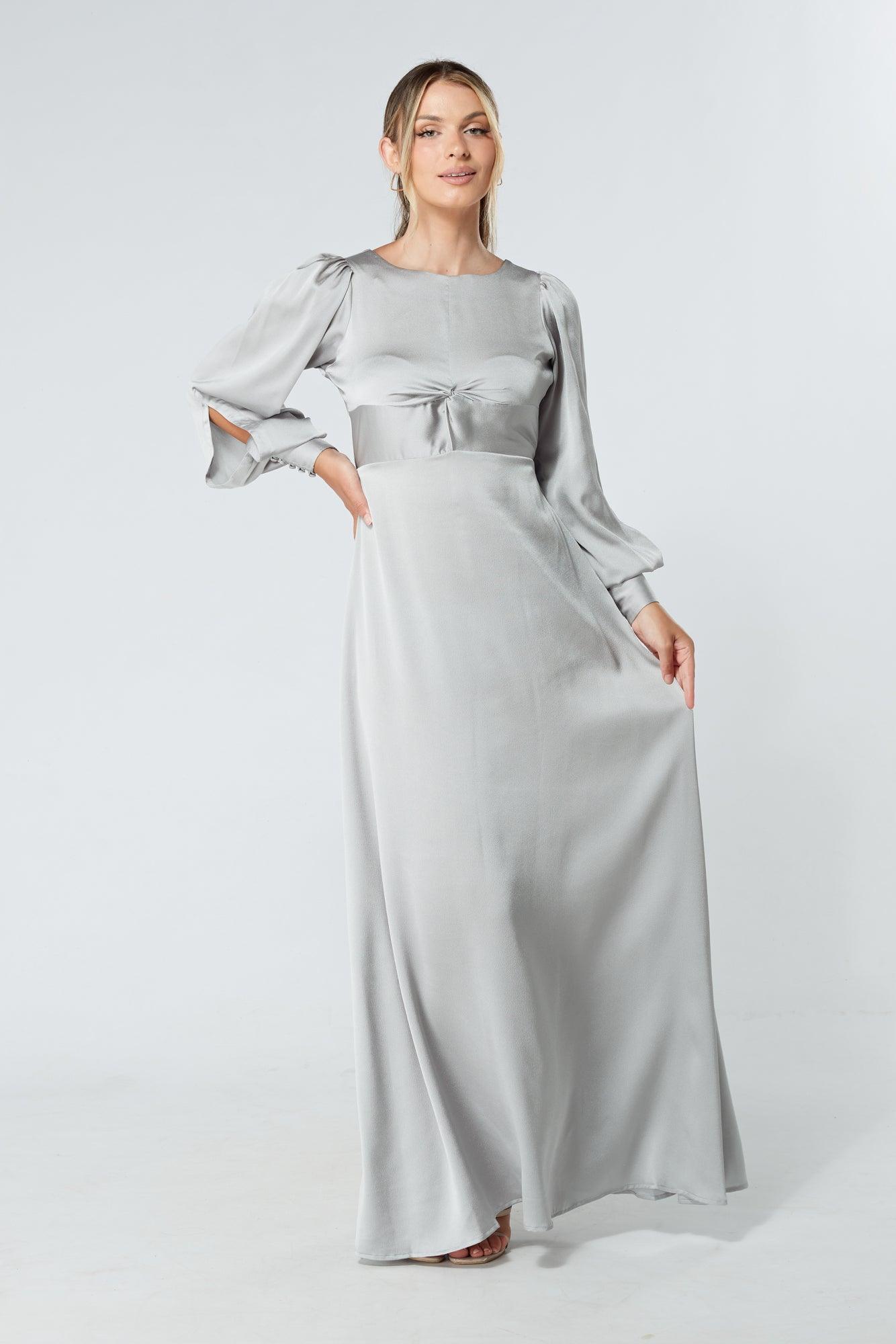 Lila Silver Knotted Front Soft Crepe Maxi Dress - TAHLIRA