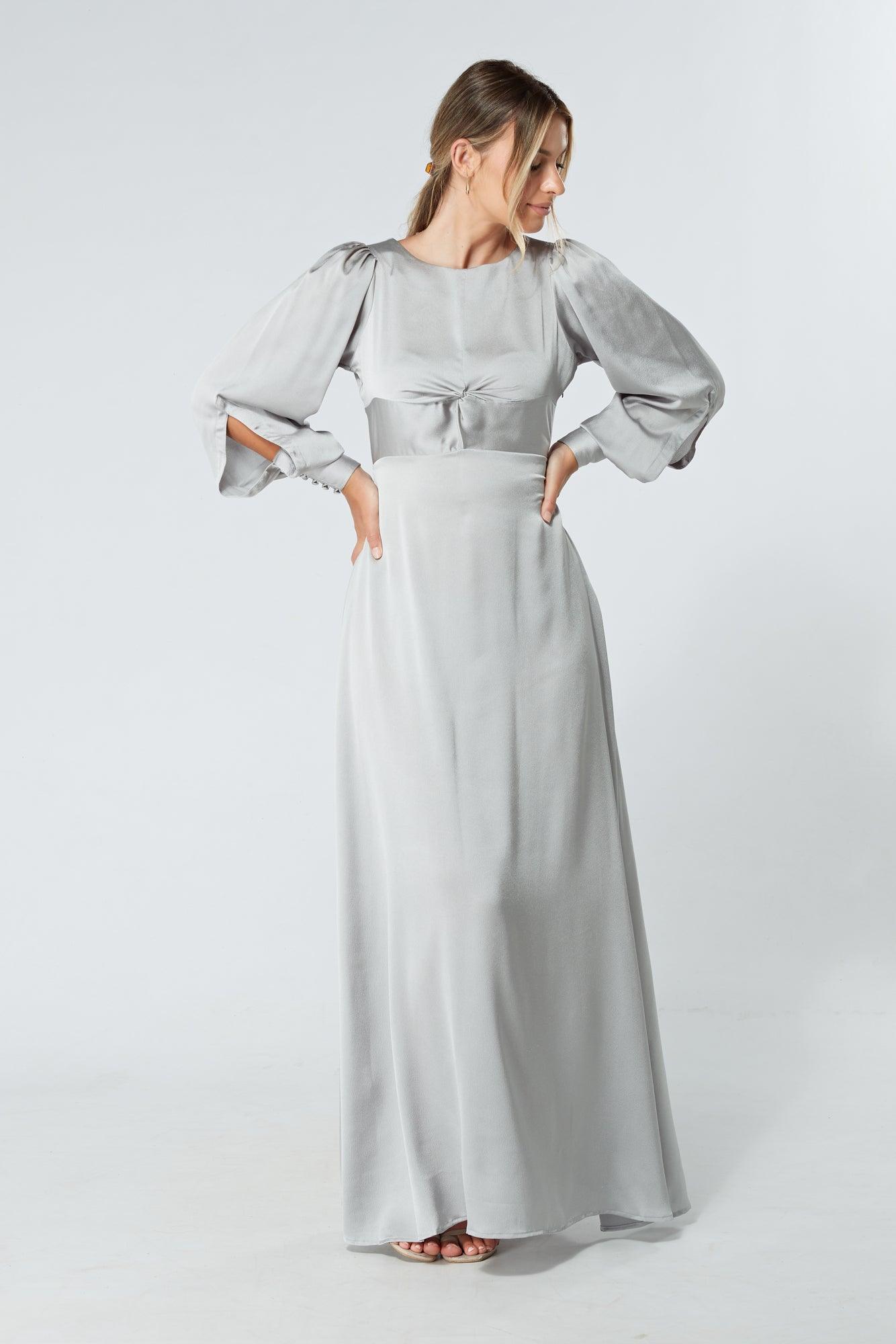 Lila Silver Knotted Front Soft Crepe Maxi Dress - TAHLIRA