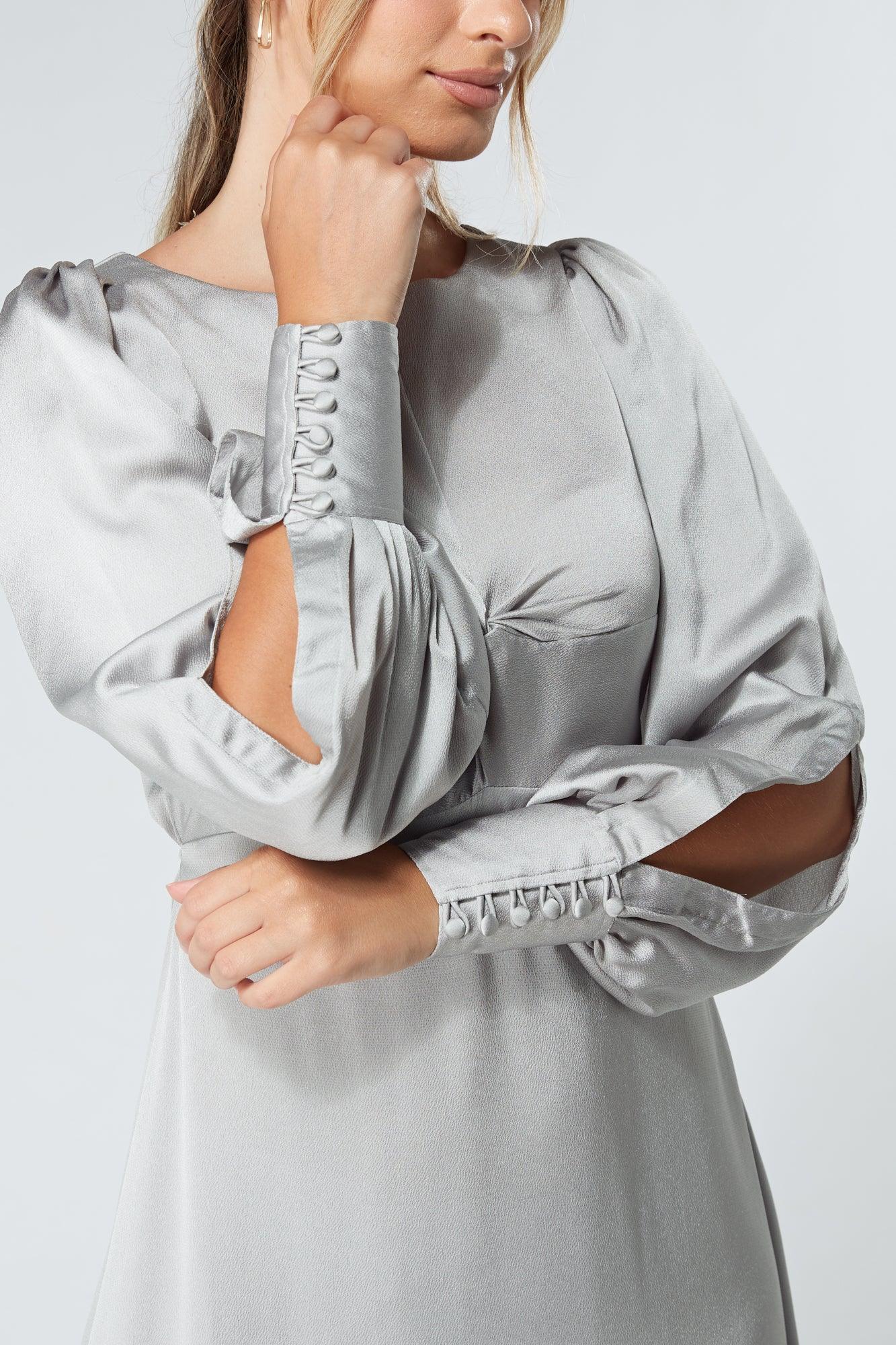 Lila Silver Knotted Front Soft Crepe Maxi Dress - TAHLIRA