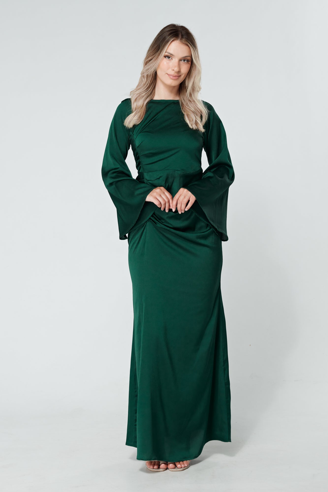 Malika Dark Green Folded Front Kimono Sleeves Maxi Dress