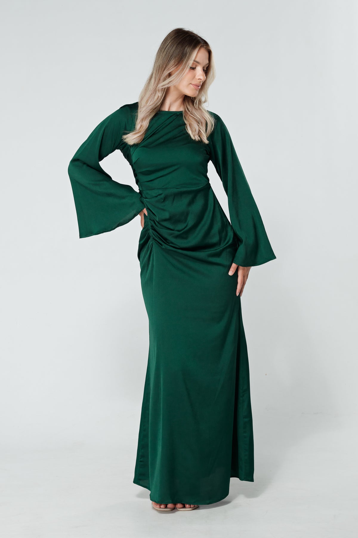 Malika Dark Green Folded Front Kimono Sleeves Maxi Dress