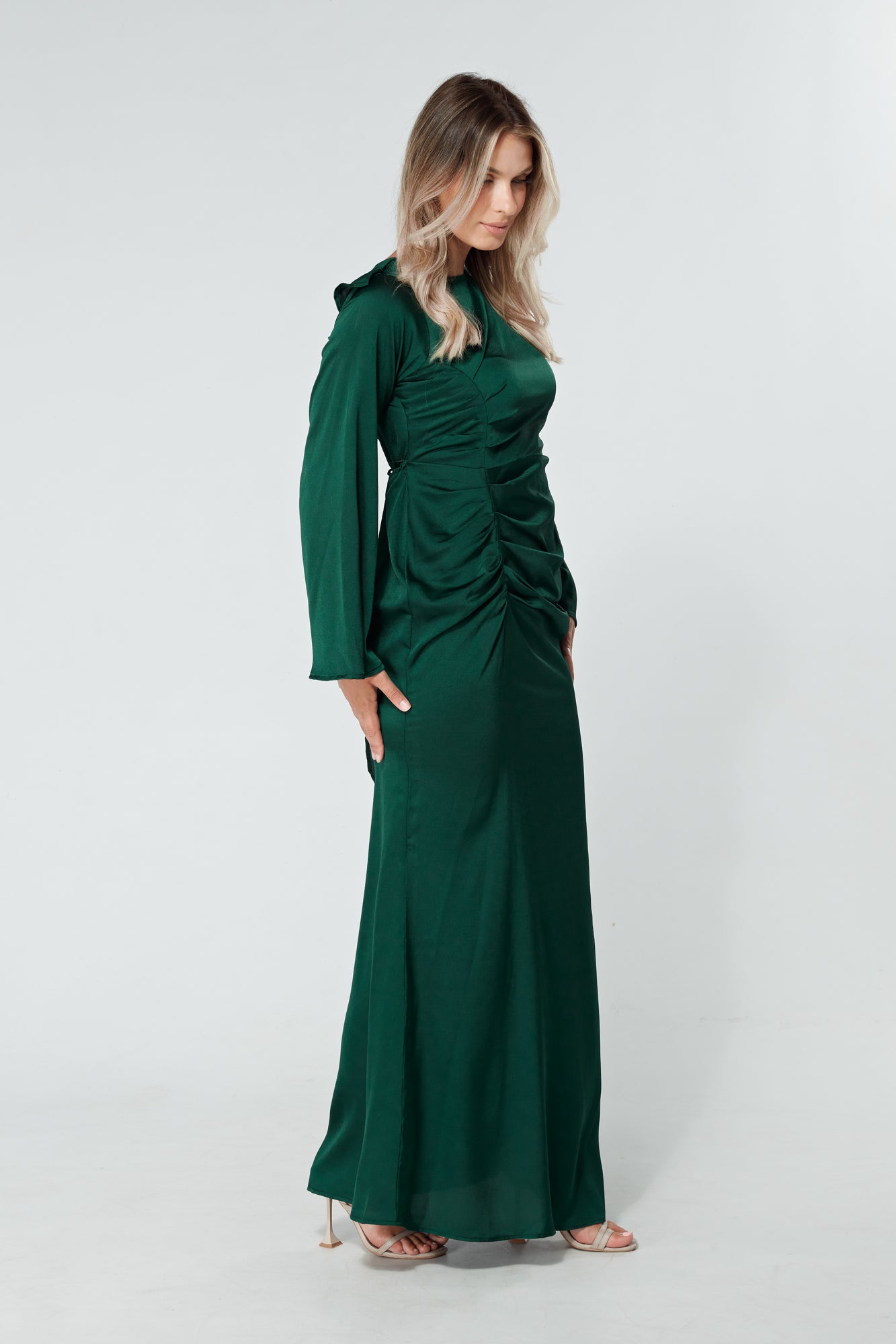 Malika Dark Green Folded Front Kimono Sleeves Maxi Dress