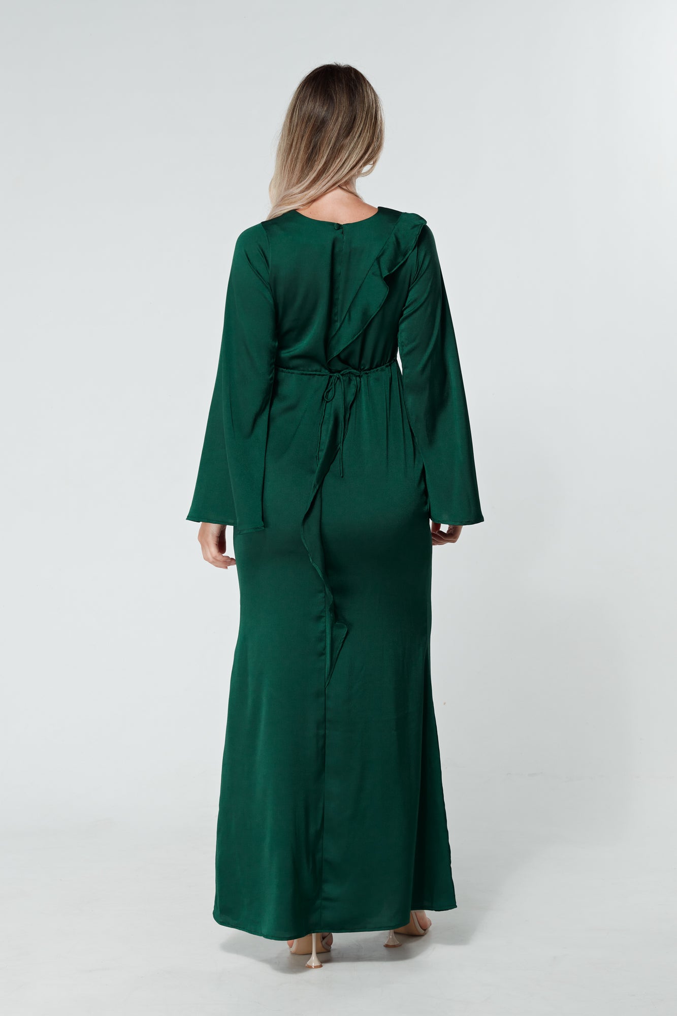 Malika Dark Green Folded Front Kimono Sleeves Maxi Dress