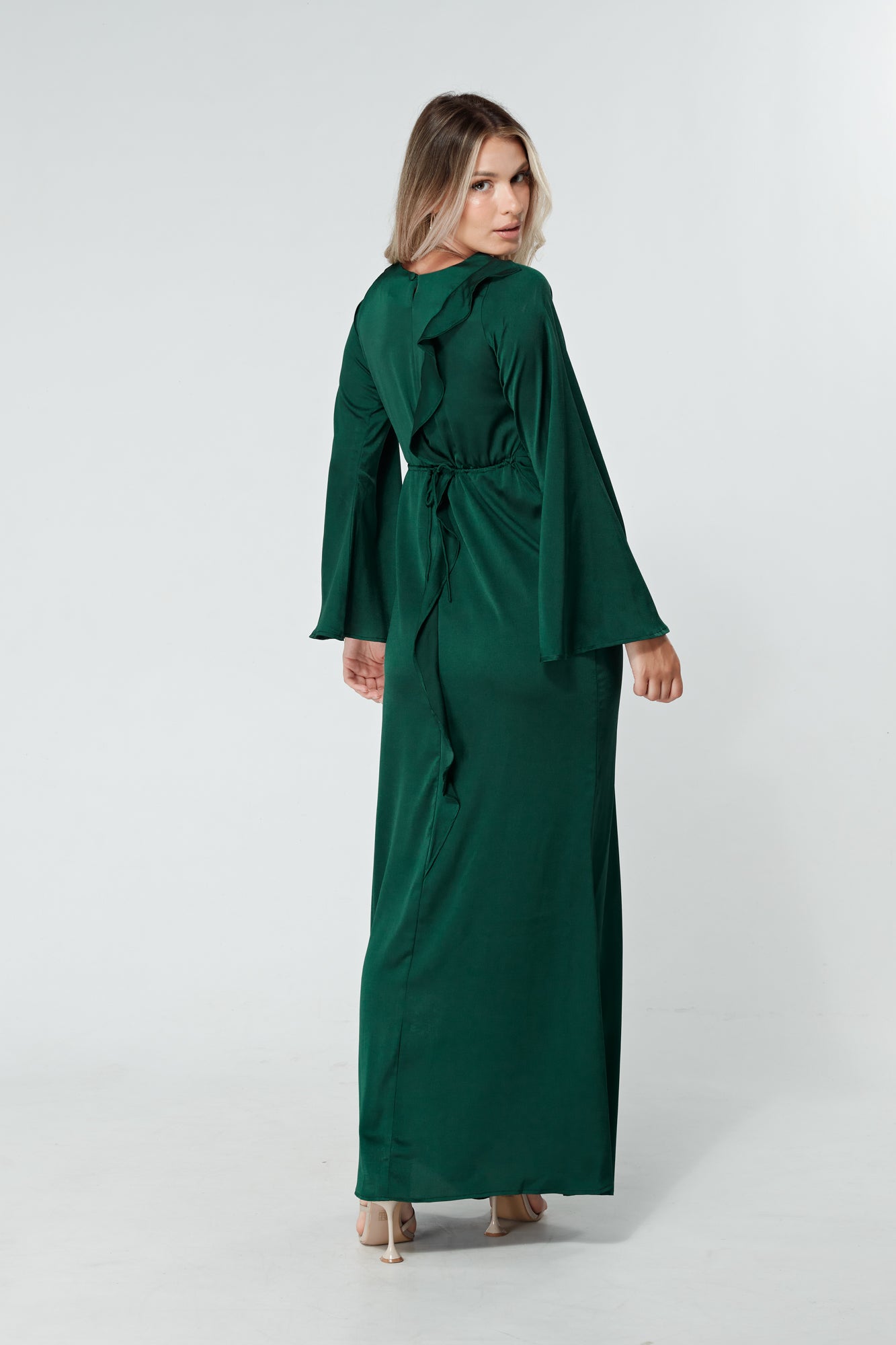 Malika Dark Green Folded Front Kimono Sleeves Maxi Dress