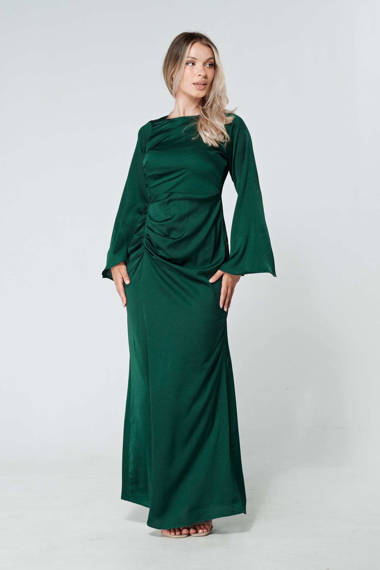 Malika Dark Green Folded Front Kimono Sleeves Maxi Dress