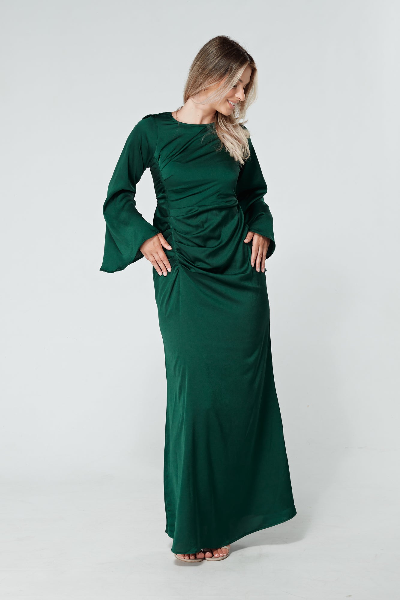 Malika Dark Green Folded Front Kimono Sleeves Maxi Dress