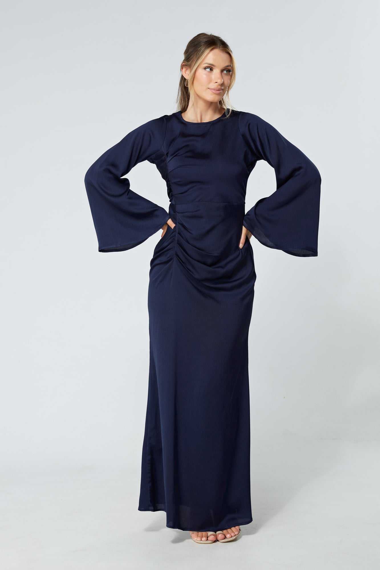 Malika Navy Folded Front Kimono Sleeves Maxi Dress