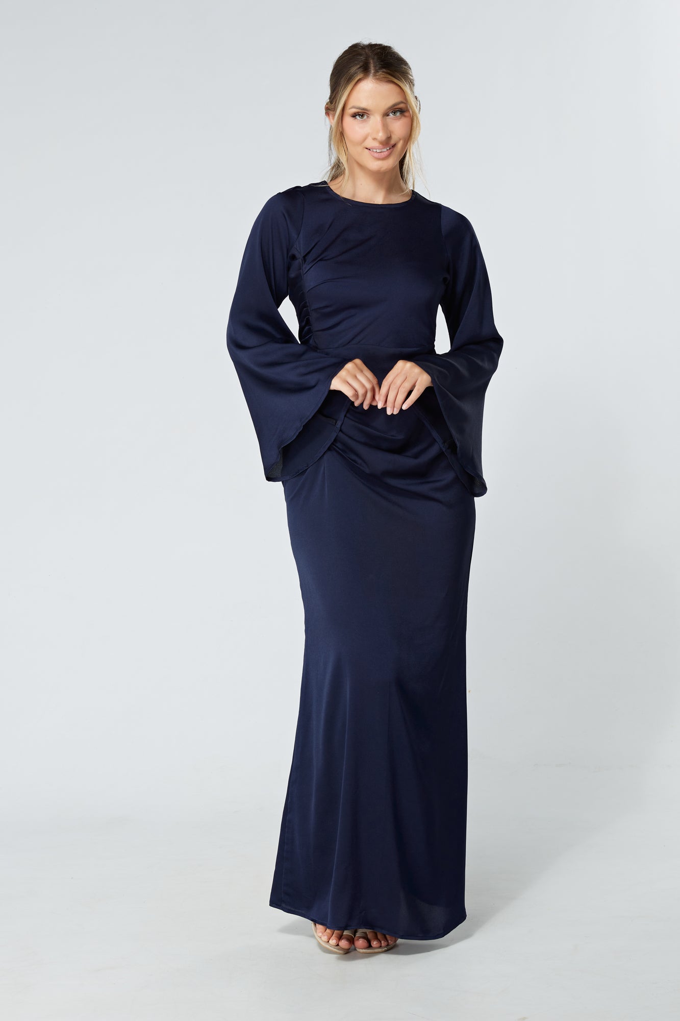 Malika Navy Folded Front Kimono Sleeves Maxi Dress