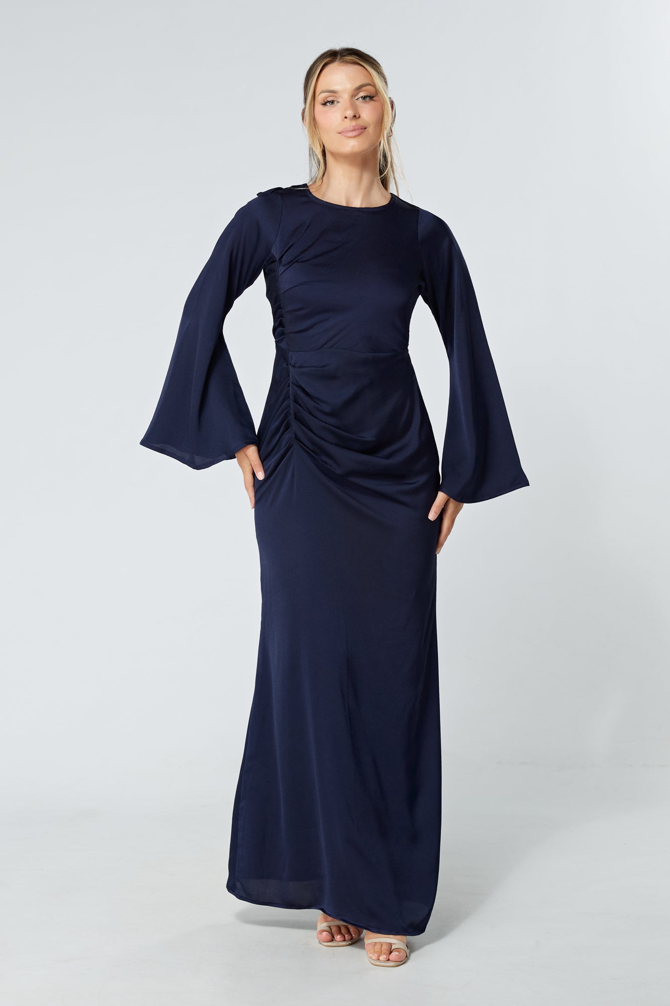 Malika Navy Folded Front Kimono Sleeves Maxi Dress