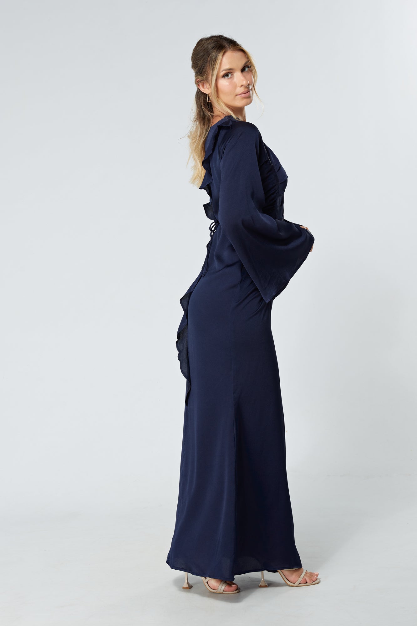 Malika Navy Folded Front Kimono Sleeves Maxi Dress