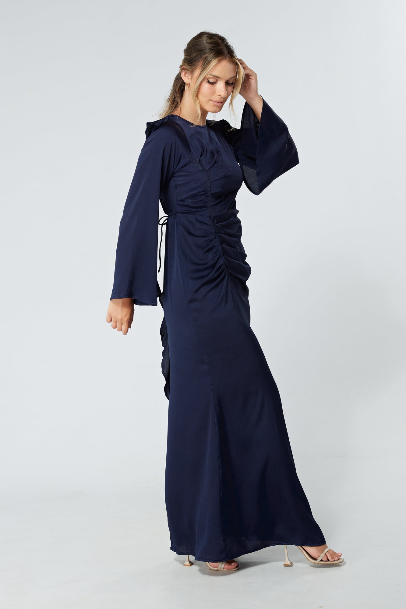 Malika Navy Folded Front Kimono Sleeves Maxi Dress
