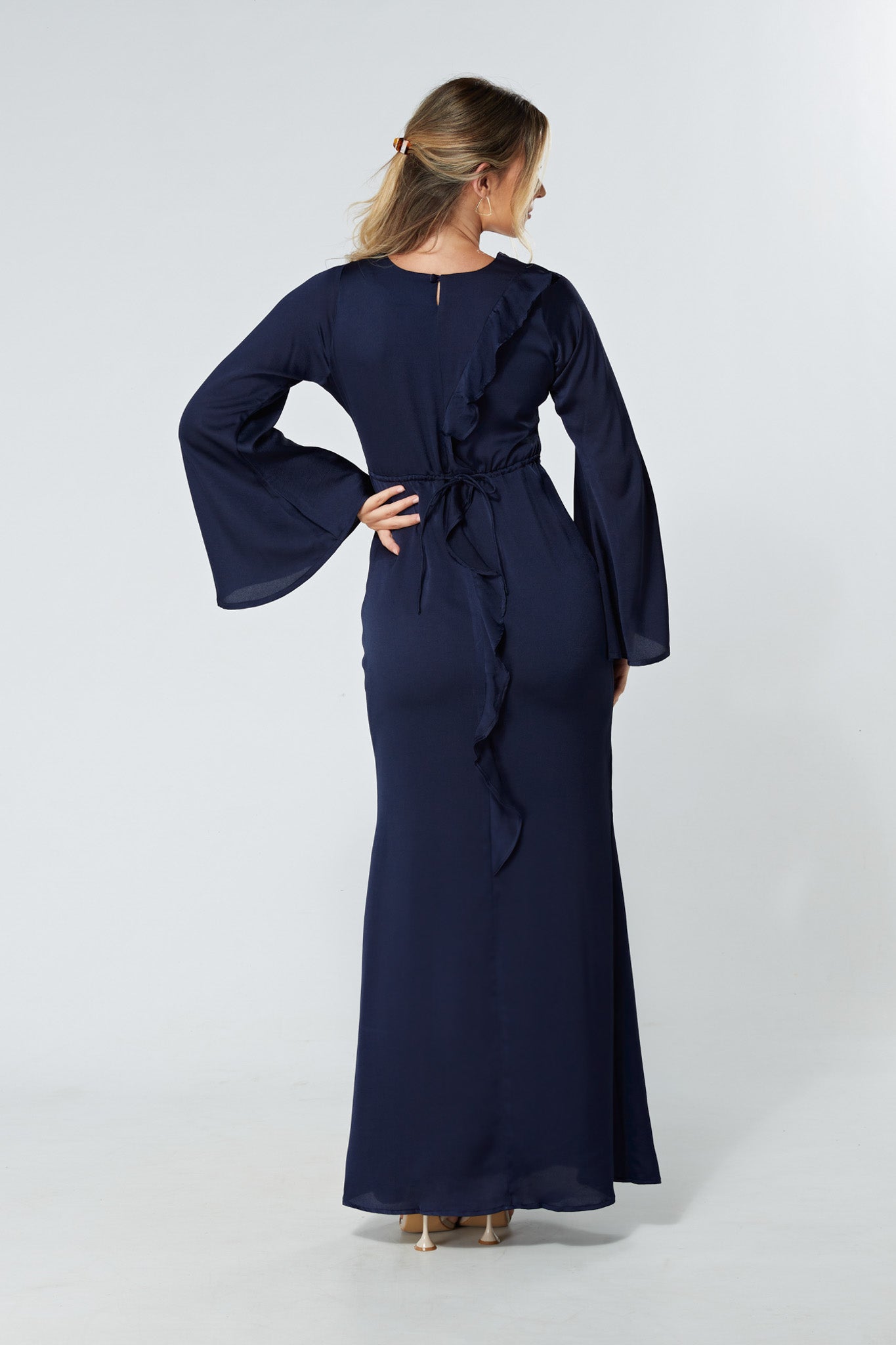 Malika Navy Folded Front Kimono Sleeves Maxi Dress