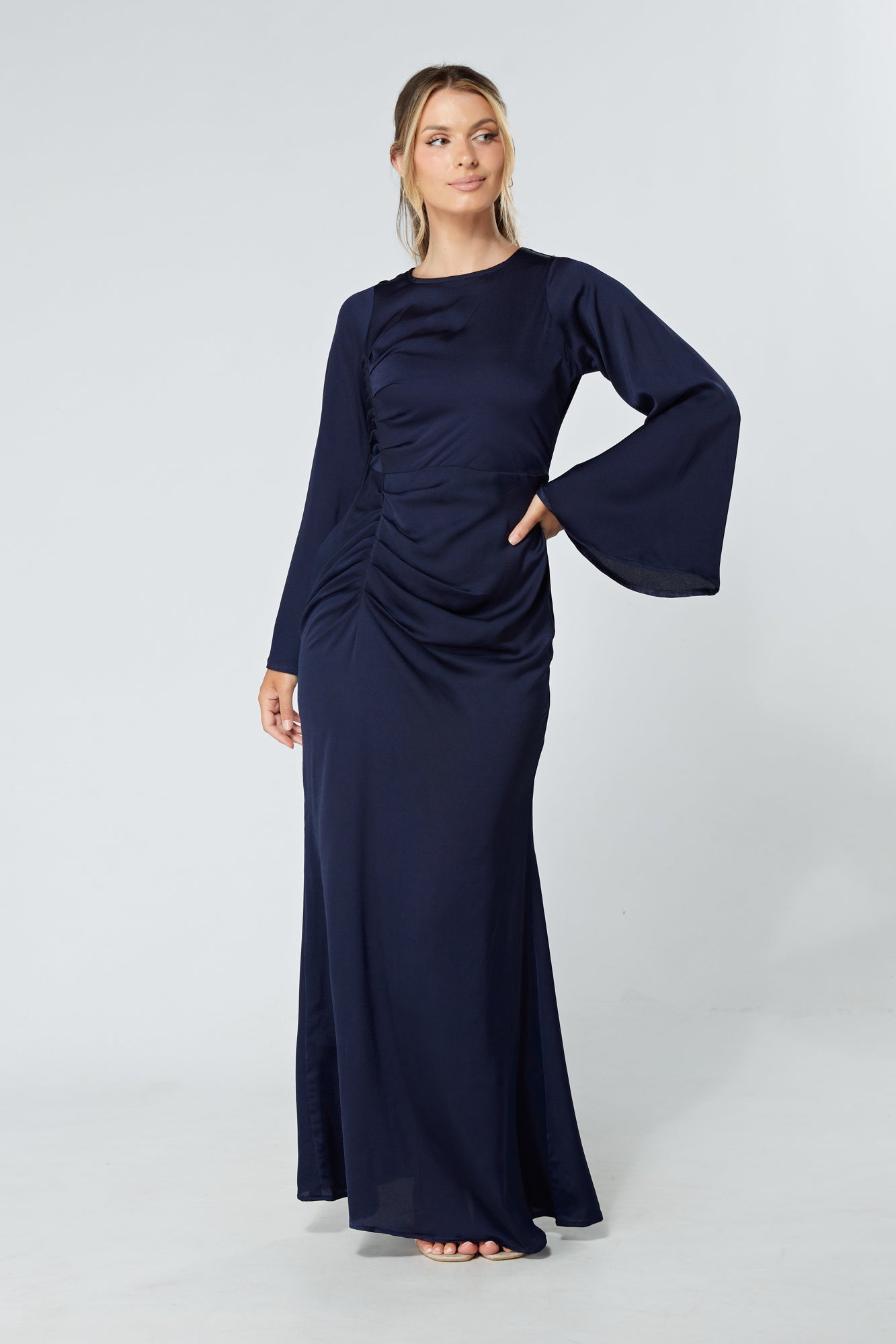 Malika Navy Folded Front Kimono Sleeves Maxi Dress