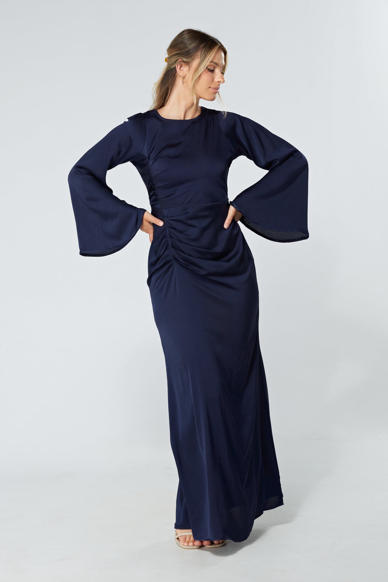 Malika Navy Folded Front Kimono Sleeves Maxi Dress