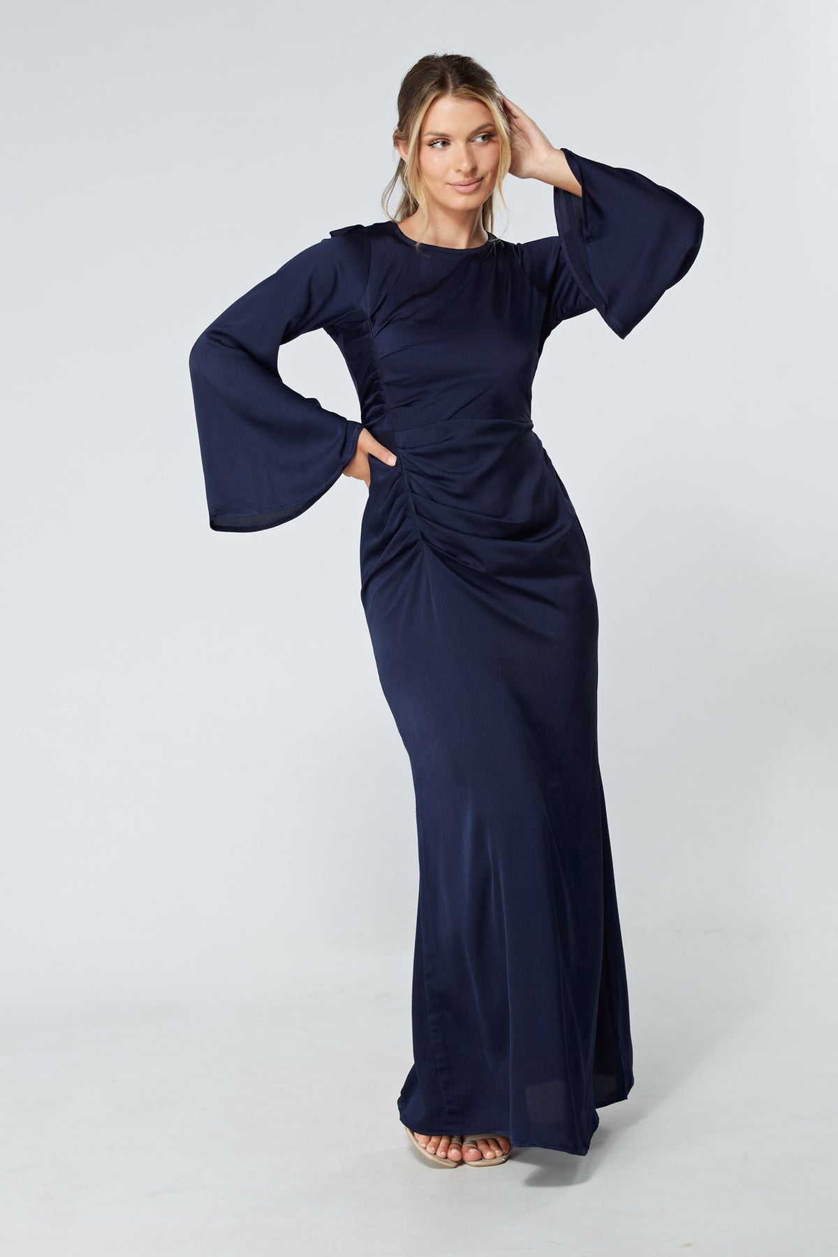 Malika Navy Folded Front Kimono Sleeves Maxi Dress