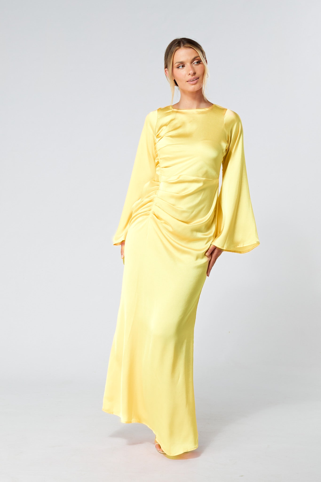 Malika Yellow Folded Front Kimono Sleeves Maxi Dress