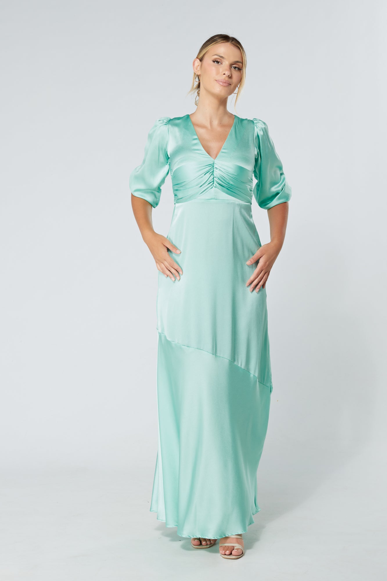 Naomi Aqua Satin-Crepe Maxi Dress With Half Sleeves