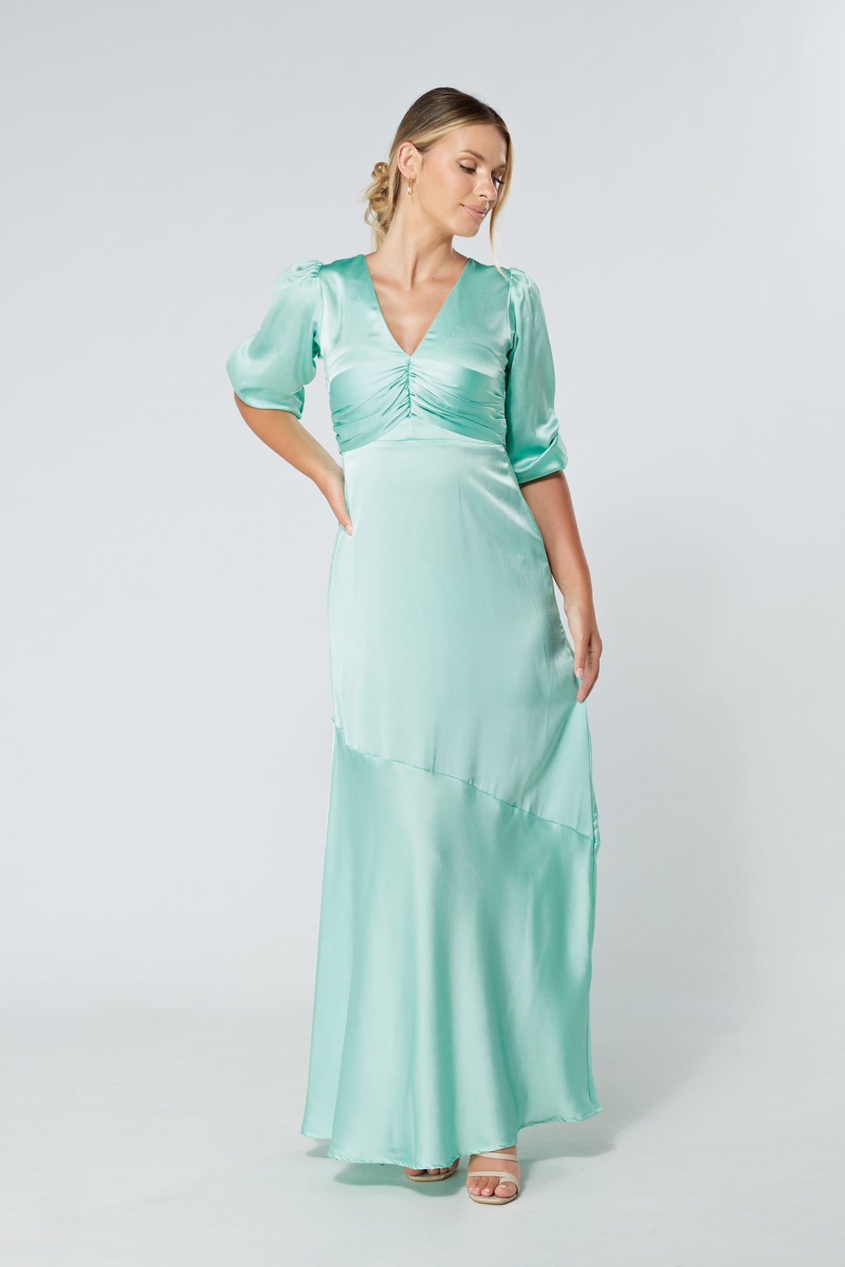 Naomi Aqua Satin-Crepe Maxi Dress With Half Sleeves