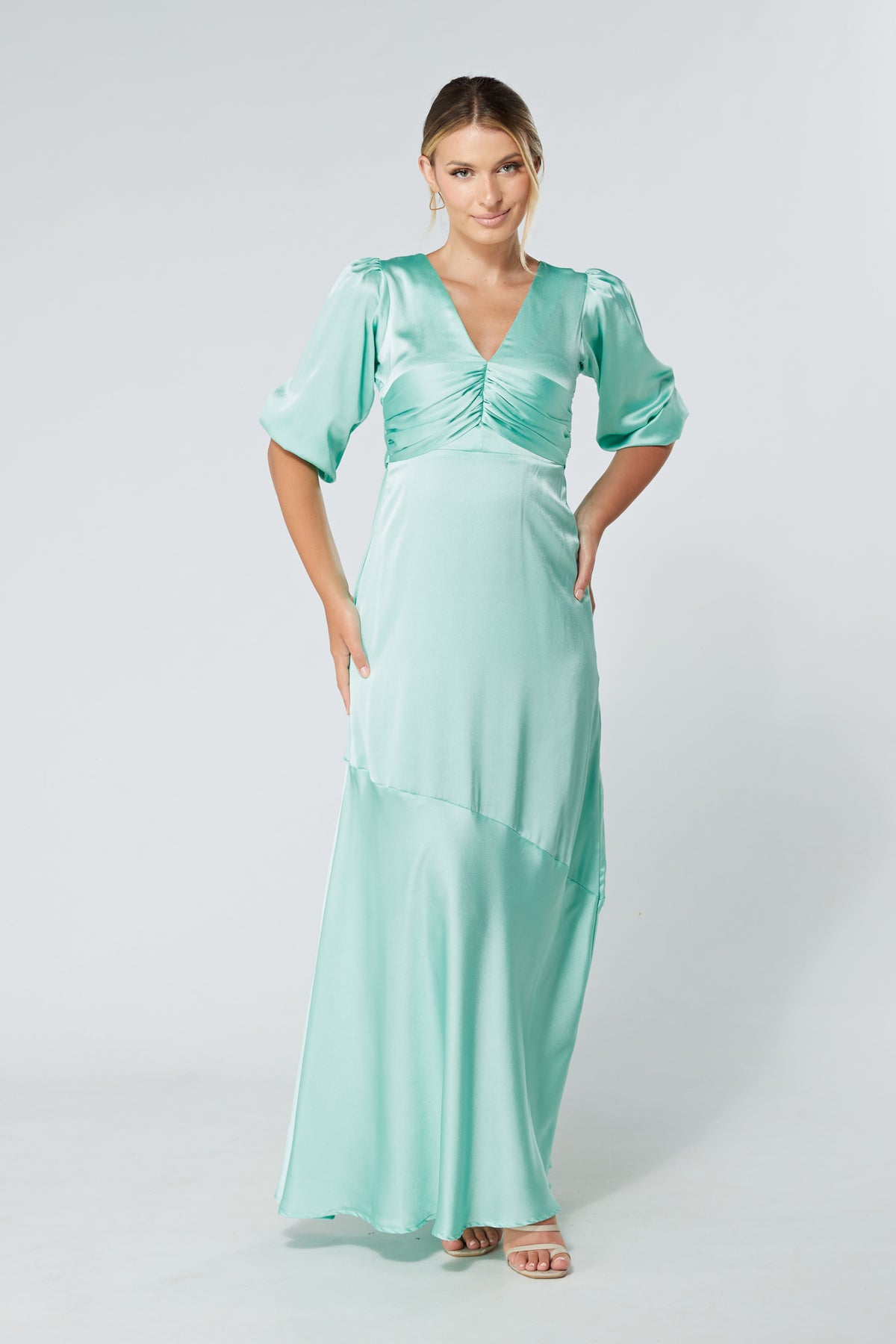 Naomi Aqua Satin-Crepe Maxi Dress With Half Sleeves