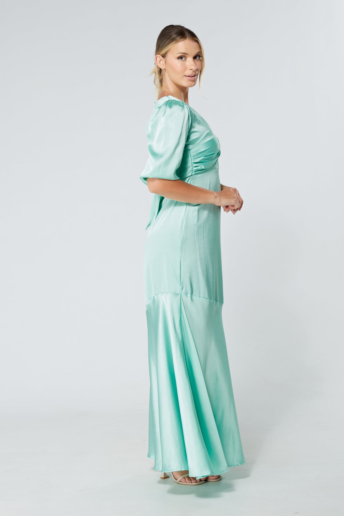 Naomi Aqua Satin-Crepe Maxi Dress With Half Sleeves