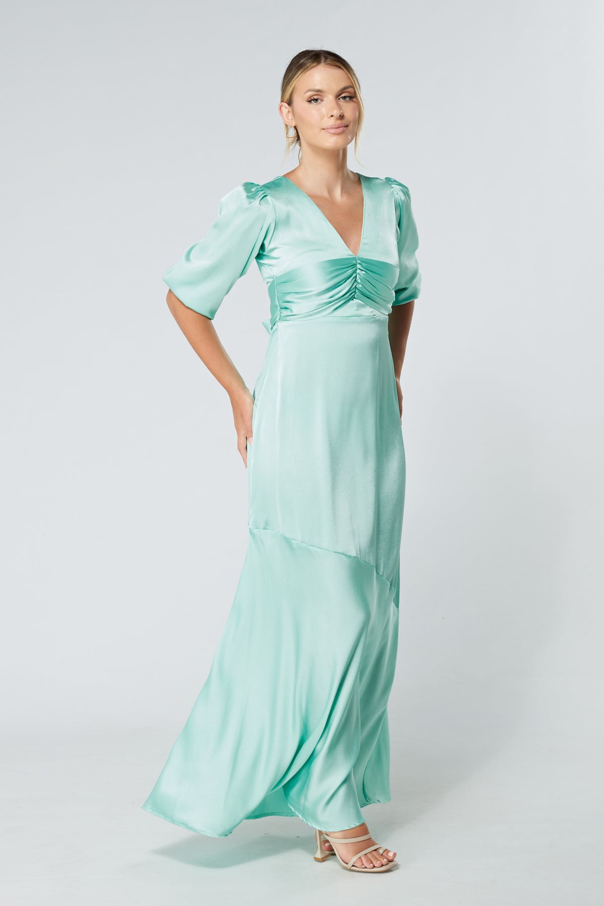 Naomi Aqua Satin-Crepe Maxi Dress With Half Sleeves