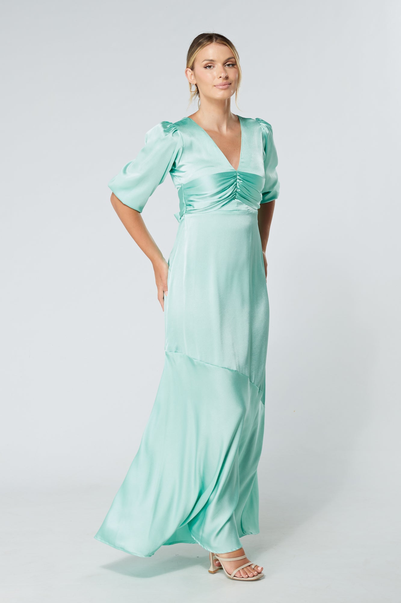 Naomi Aqua Satin-Crepe Maxi Dress With Half Sleeves