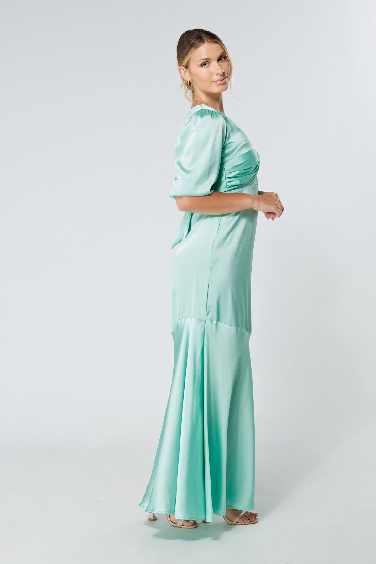 Naomi Aqua Satin-Crepe Maxi Dress With Half Sleeves